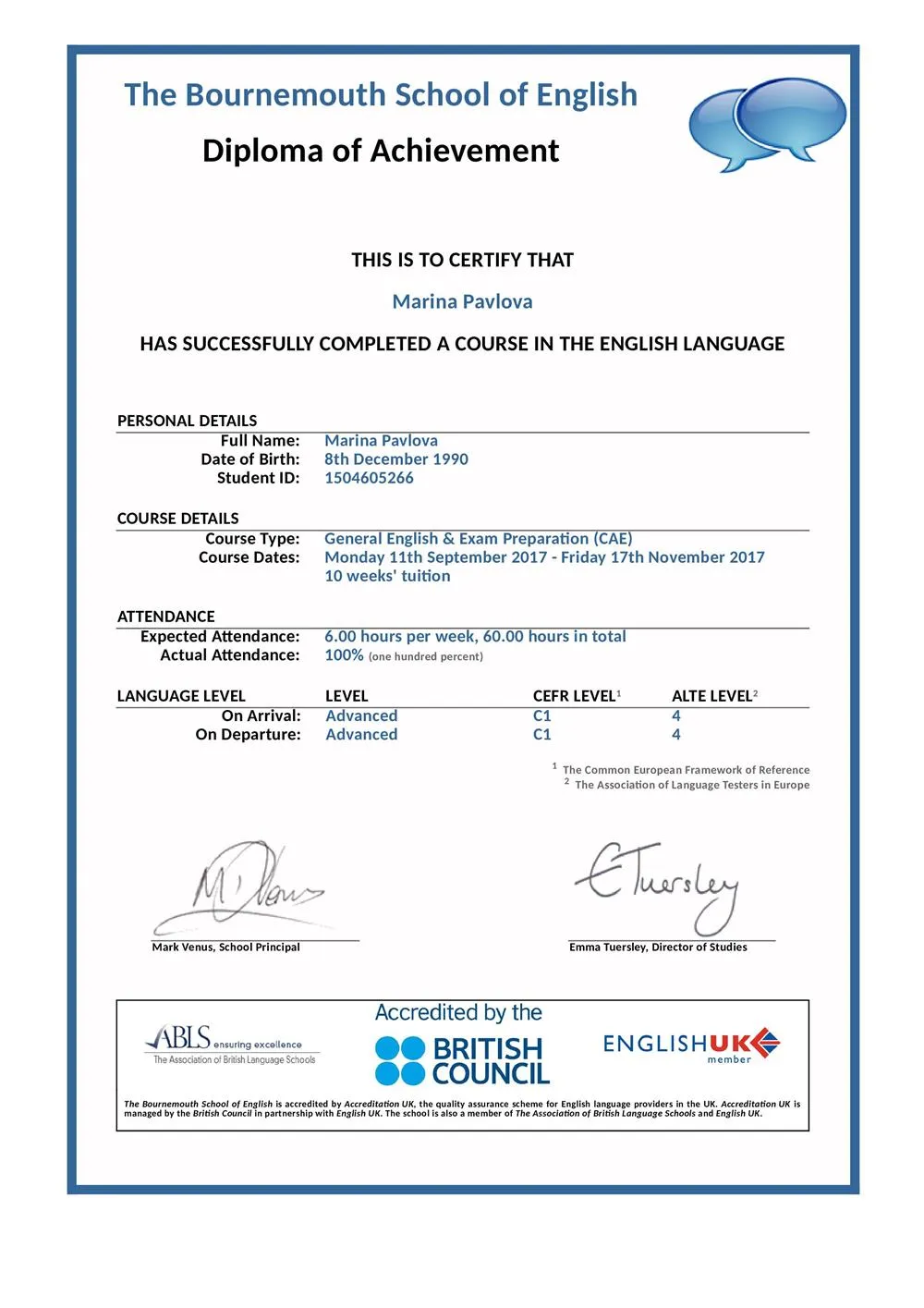 Diploma of Achievement, 2017