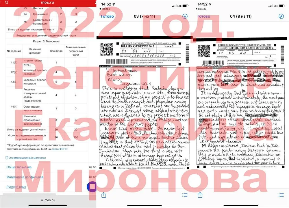 Результаты  ЕГЭ и сочинение учащейся  данной ассоциации в 2022 году( заявка 1753409)