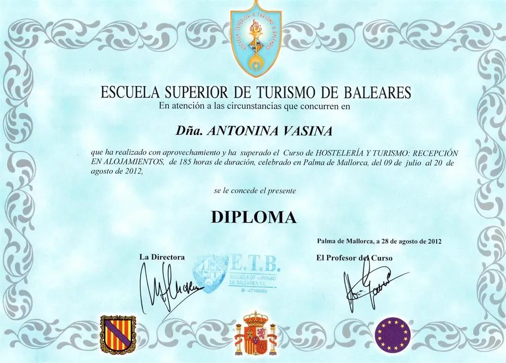 Diploma. Escuela Superior de Turismo de Balerares 