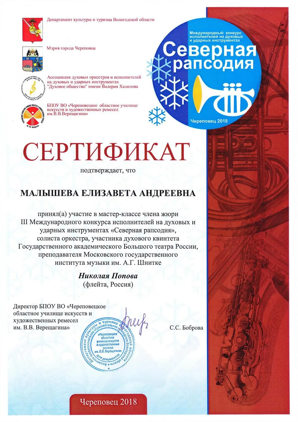 Участие в мастер-классе солиста Большого театра Н. Попова