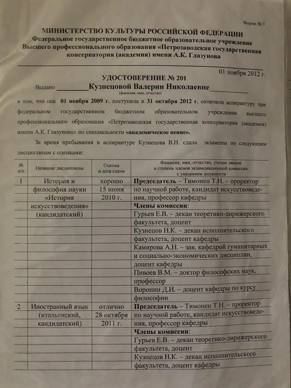 Диплом. Аспирантура Петрозаводской государственной консерватории им. А. К. Глазунова