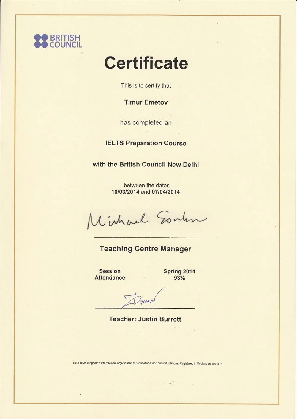 Certificate of completion of IELTS Preparation Course
