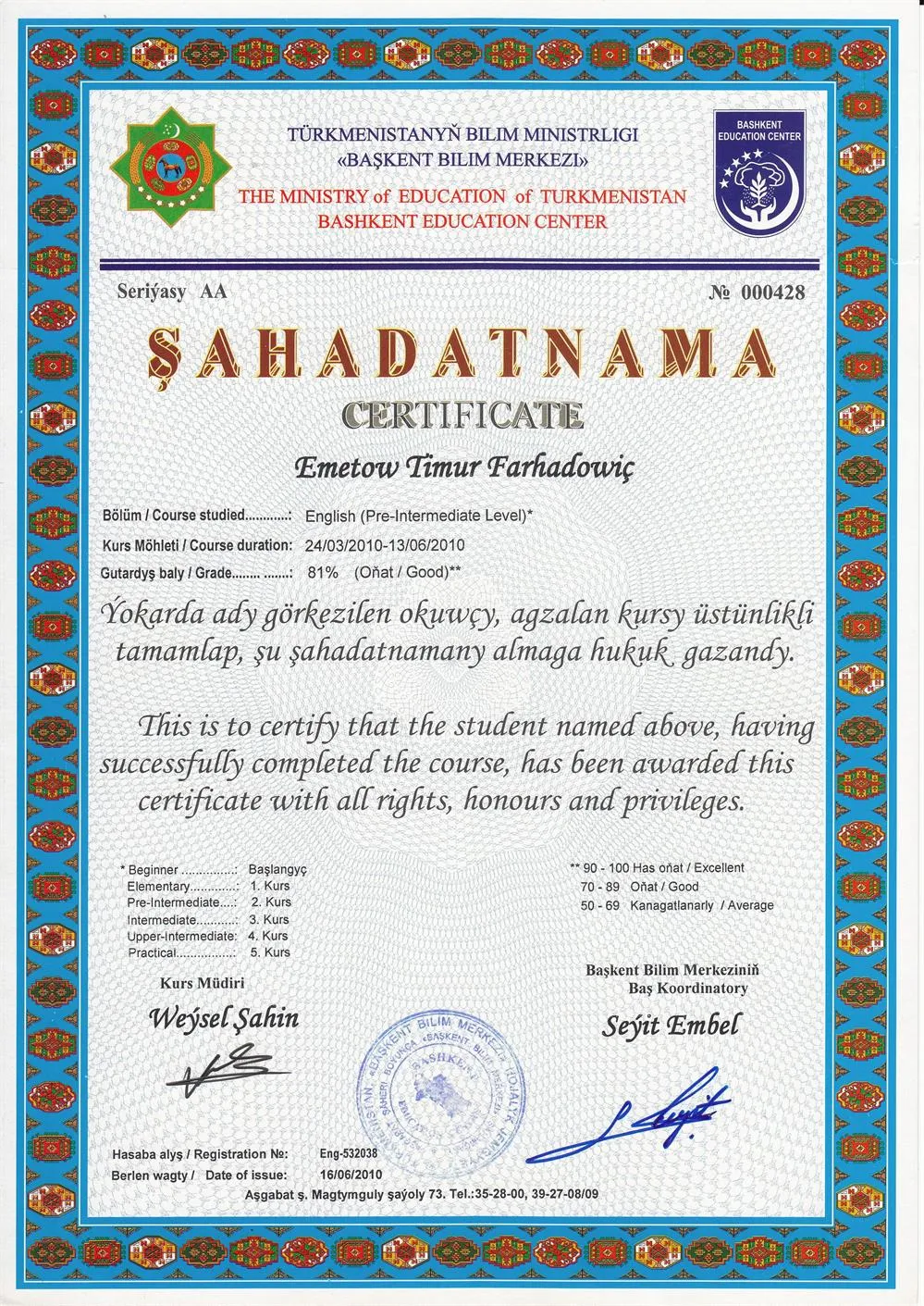 Certificate of completion of Pre-Intermediate course