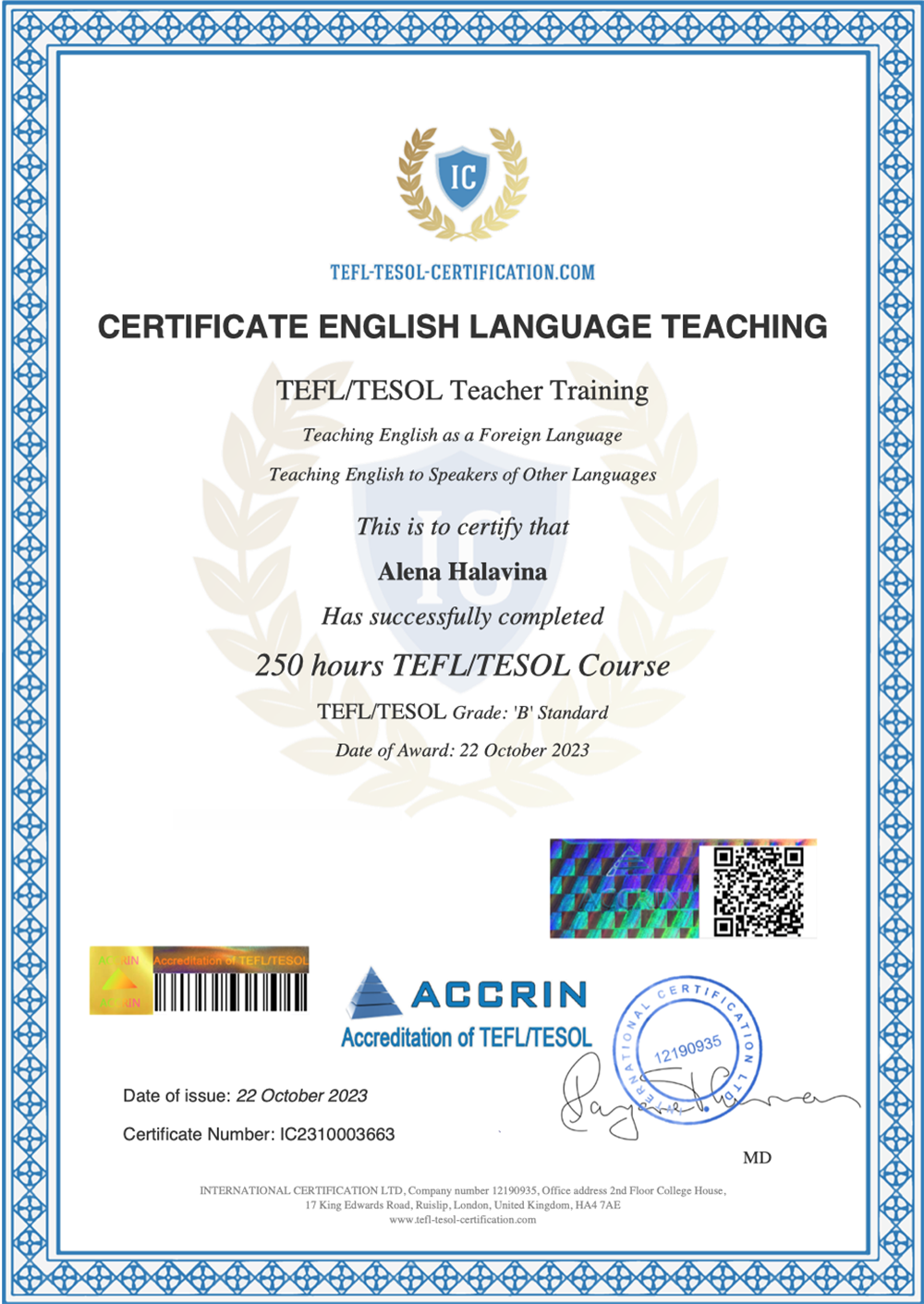 Certificate TEFL TESOL 