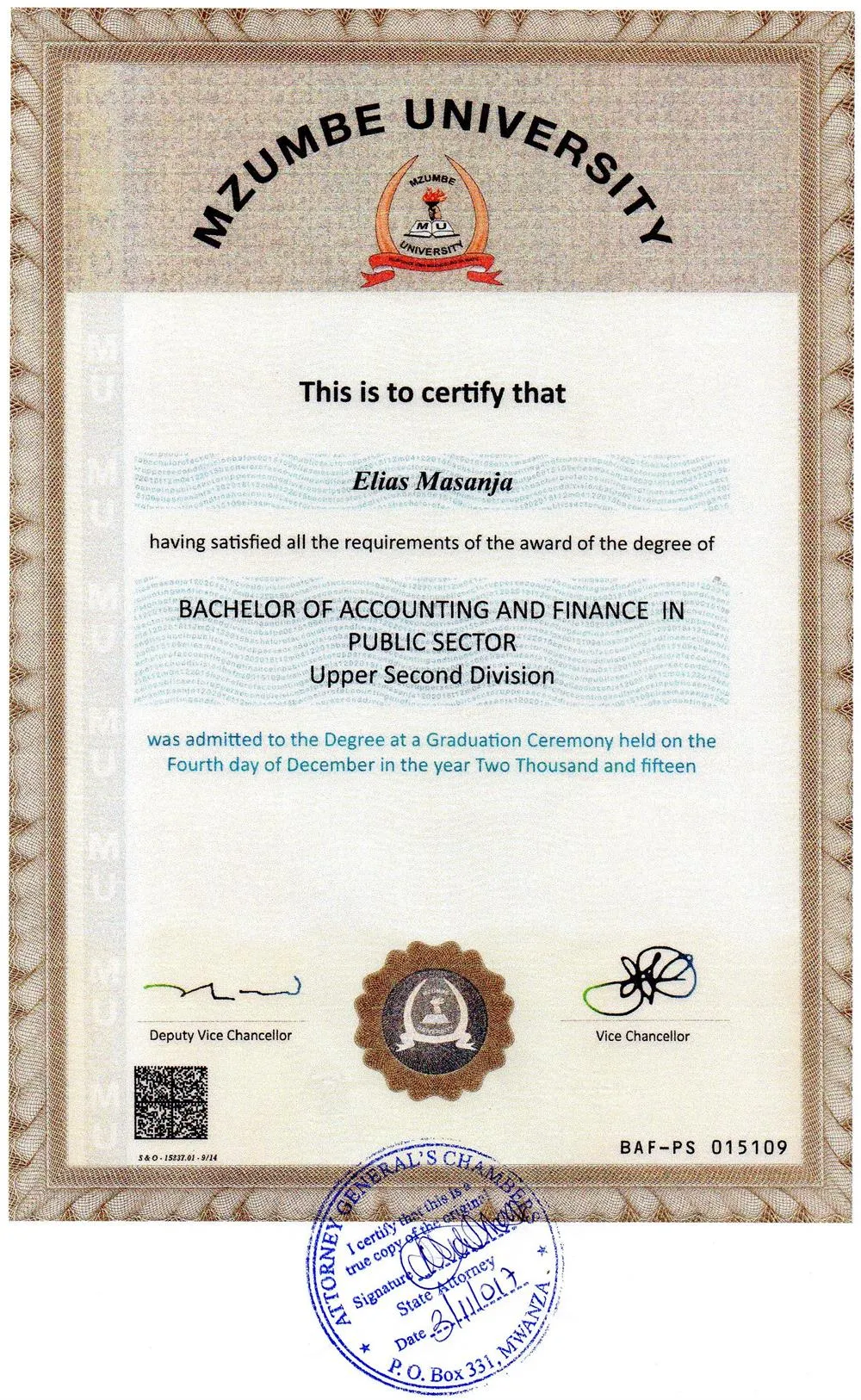 Bachelor degree certificate