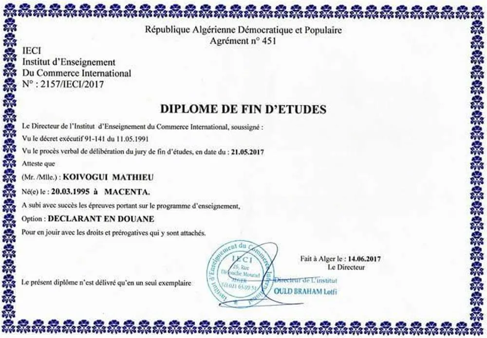 Diplome de fin d'etude option declarant en Douane