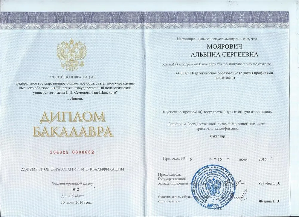 Диплом бакалавра по специальности "Учитель русского языка и литературы"