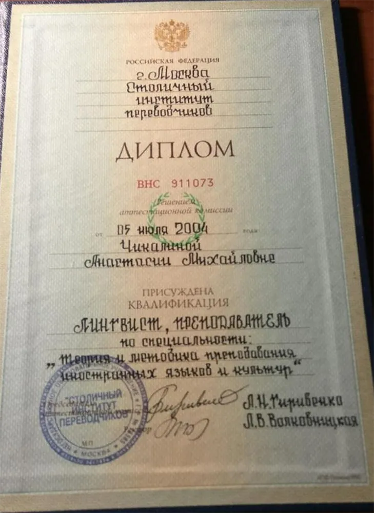 Диплом об окончании Столичного института переводчиков
