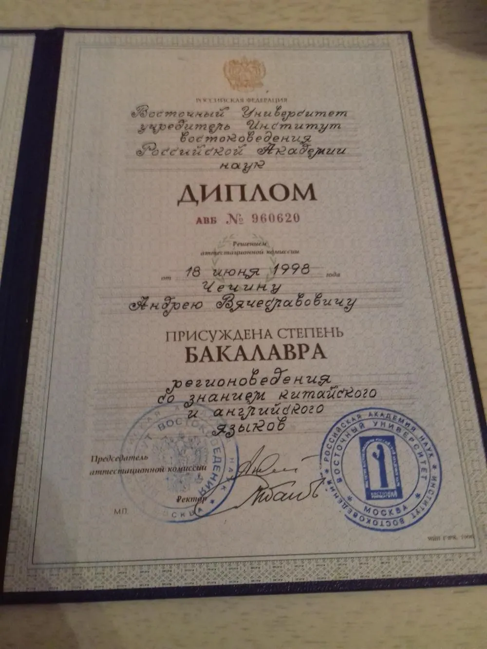 Диплом о высшем образовании. Институт стран Востока (бывш. Восточный университет РАН)