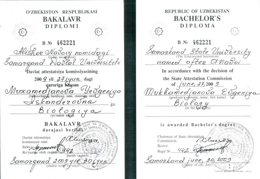 Диплом бакалавра Республики Узбекистан