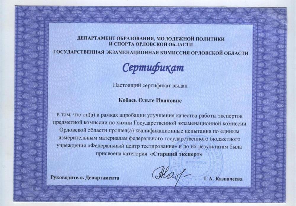 Сертификат старшего эксперта ЕГЭ