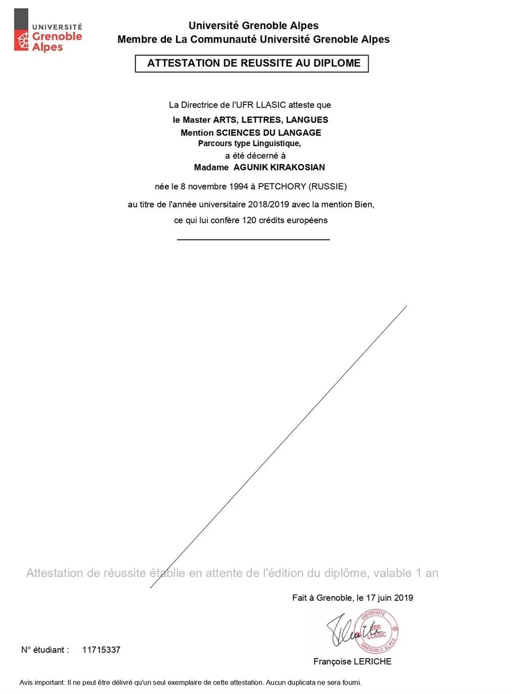 Диплом магистра Universite Grenoble-Alpes