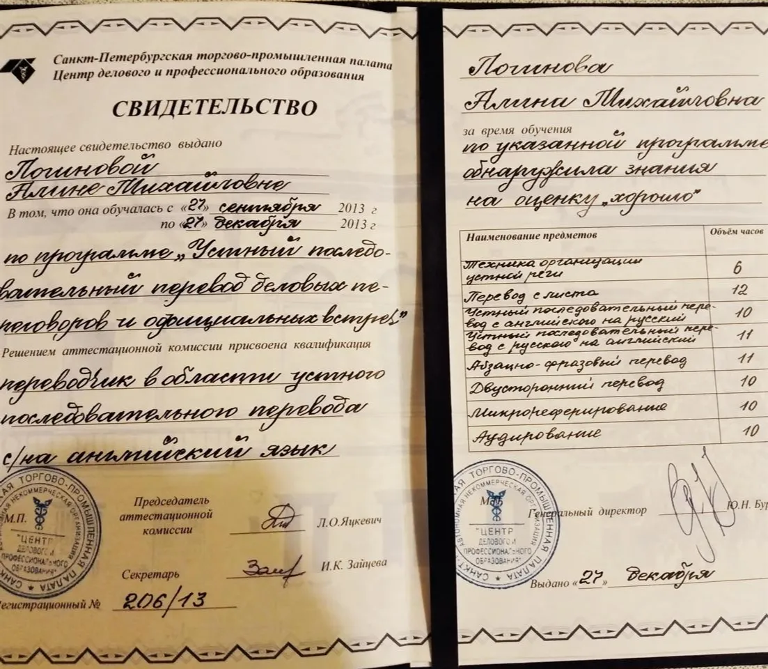 Свидетельство Санкт-Петербургской торгово-промышленной палаты