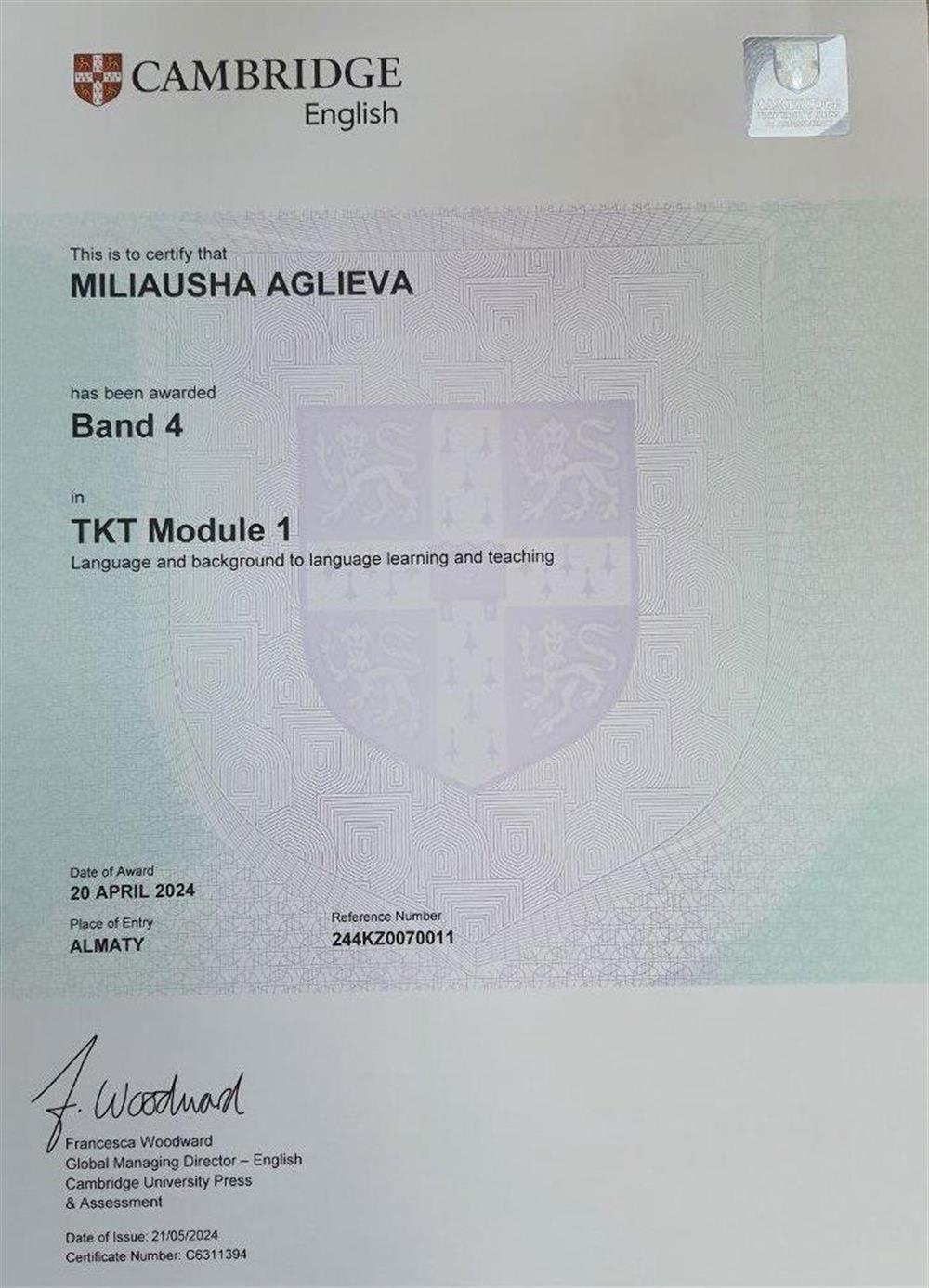 Сертификат TKT Module 1 - оценка Band 4 (высший балл)