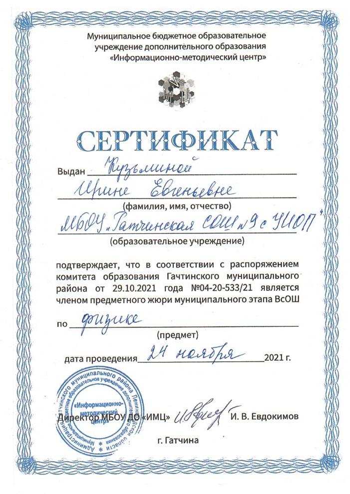 Сертификат члена жюри олимпиады ВсОШ