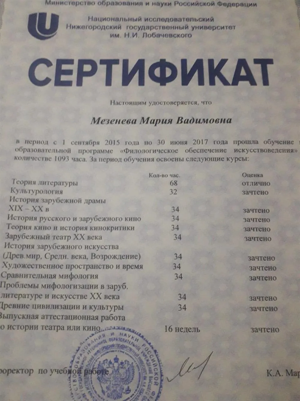 Сертификат о дополнительном образовании
