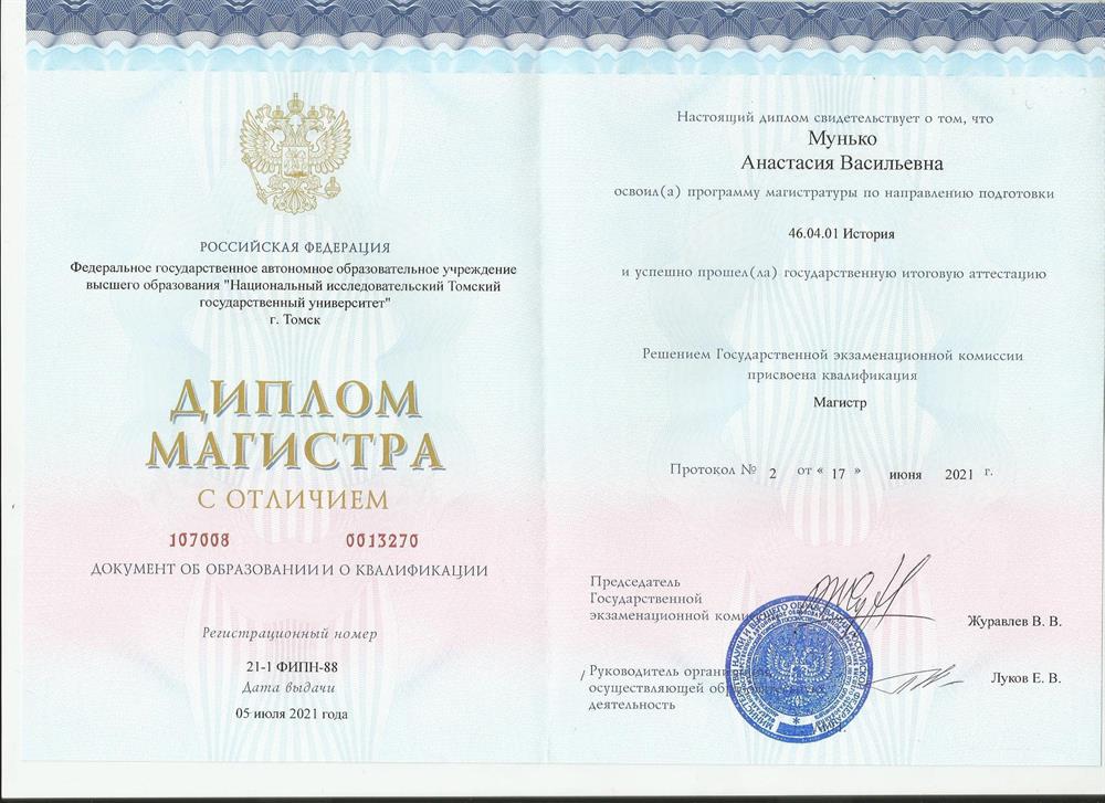 Диплом магистра с отличием, 2021 г.