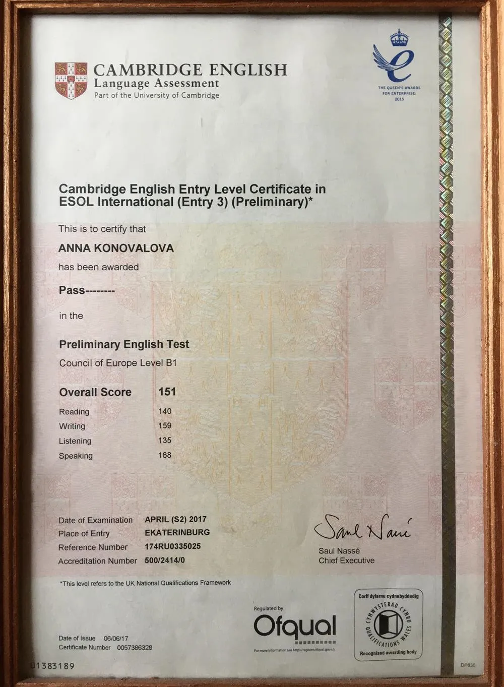 Cambridge English Entry Level Certificate in ESOL International 