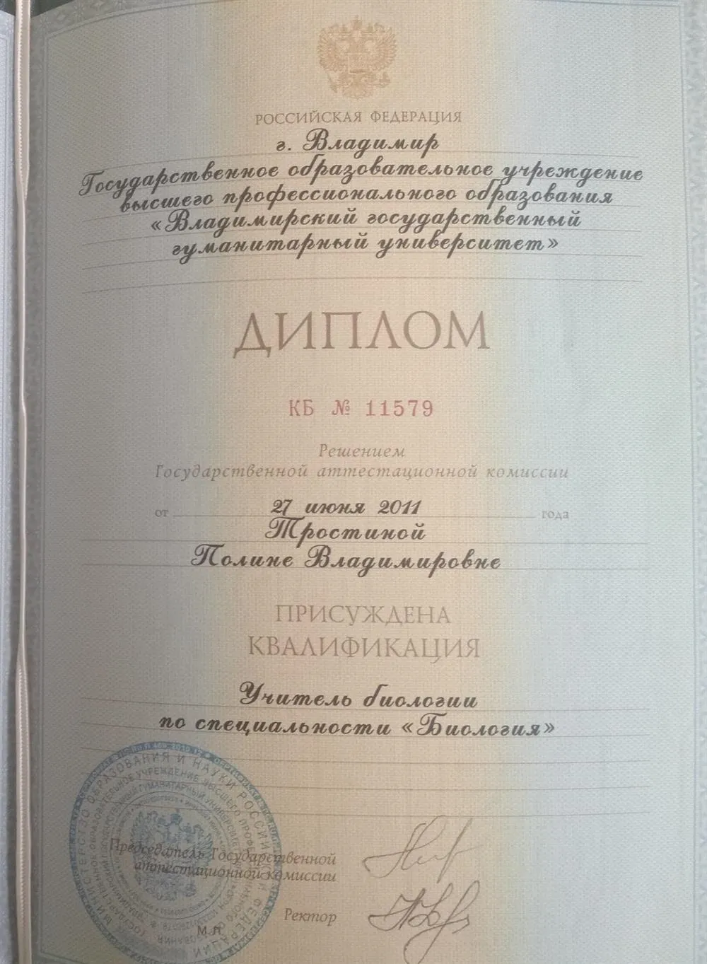 Диплом о получении высшего профессионального образования