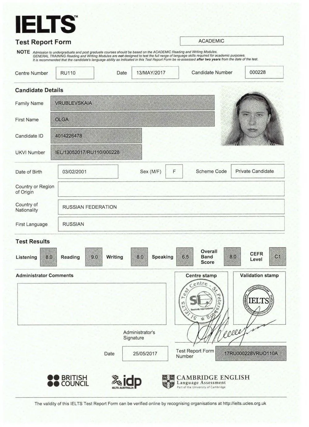 Сертификат IELTS Academic