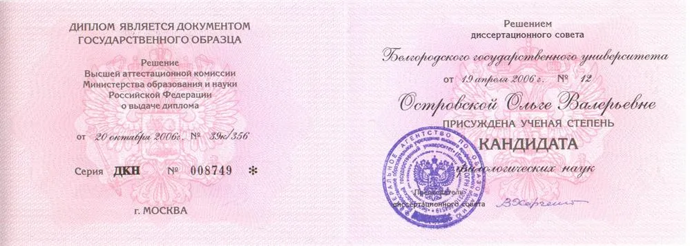 Диплом кандидата филологических  наук 