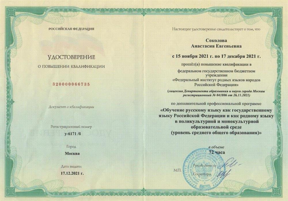Обучение русскому языку как государственному языку РФ