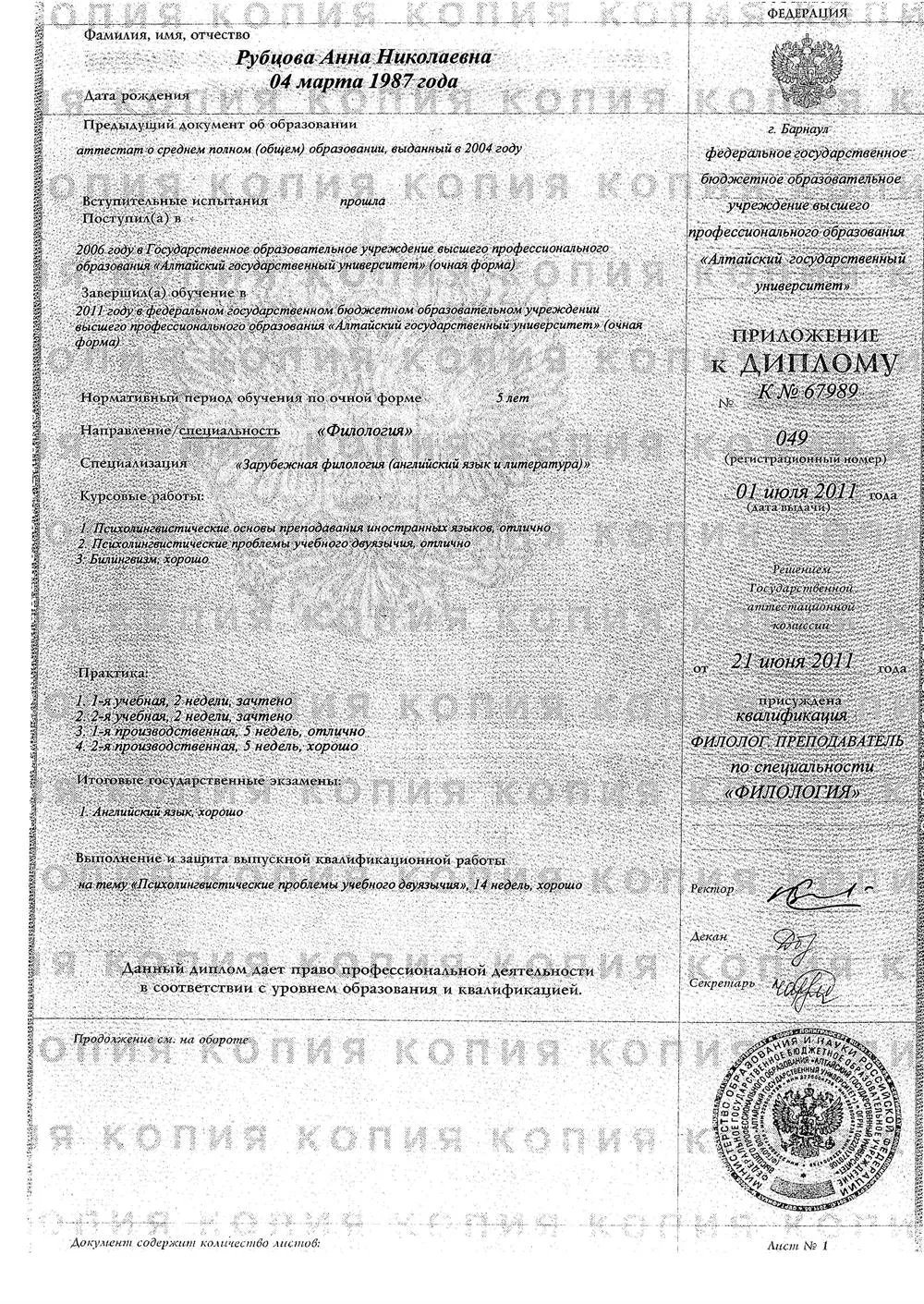 Приложение к диплому