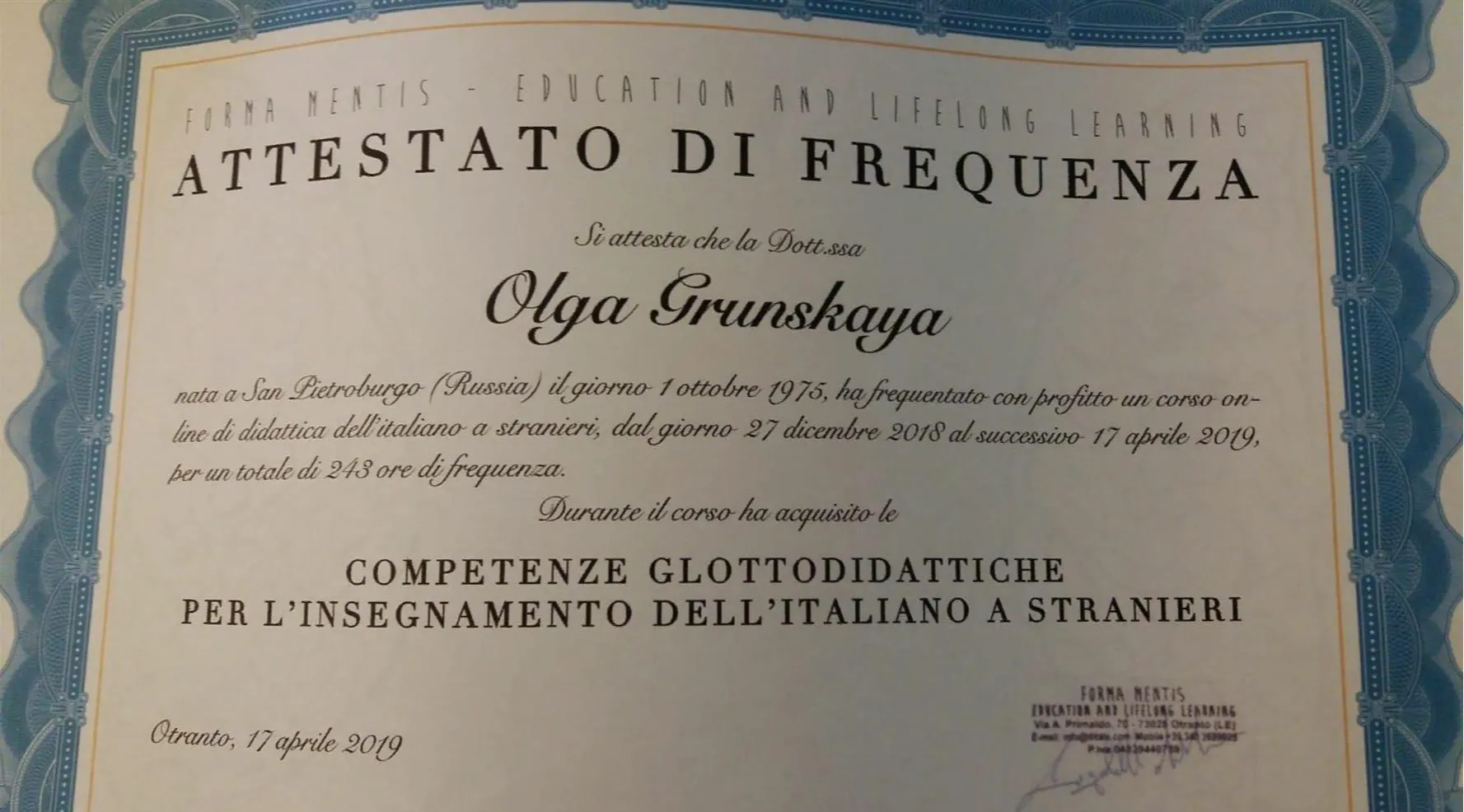 Certificato corso Italiano per Stranieri