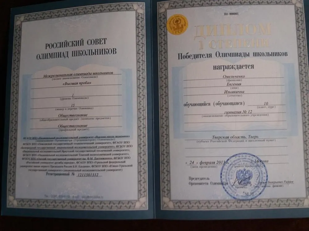 Диплом олимпиады школьников "Высшая проба" по обществознанию