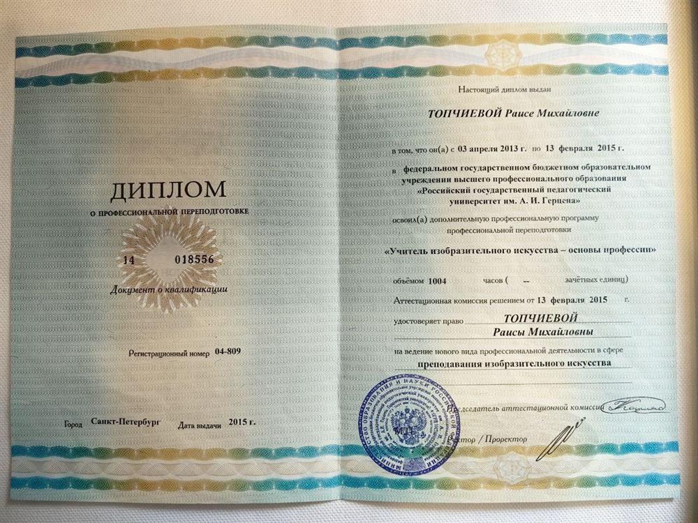 Диплом о профессиональной переподготовке. Преподаватель изобразительного искусства. 