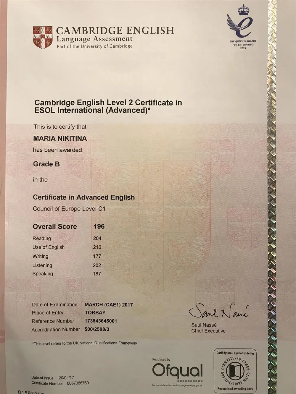 Certificate in Advanced English (Cambridge CAE)