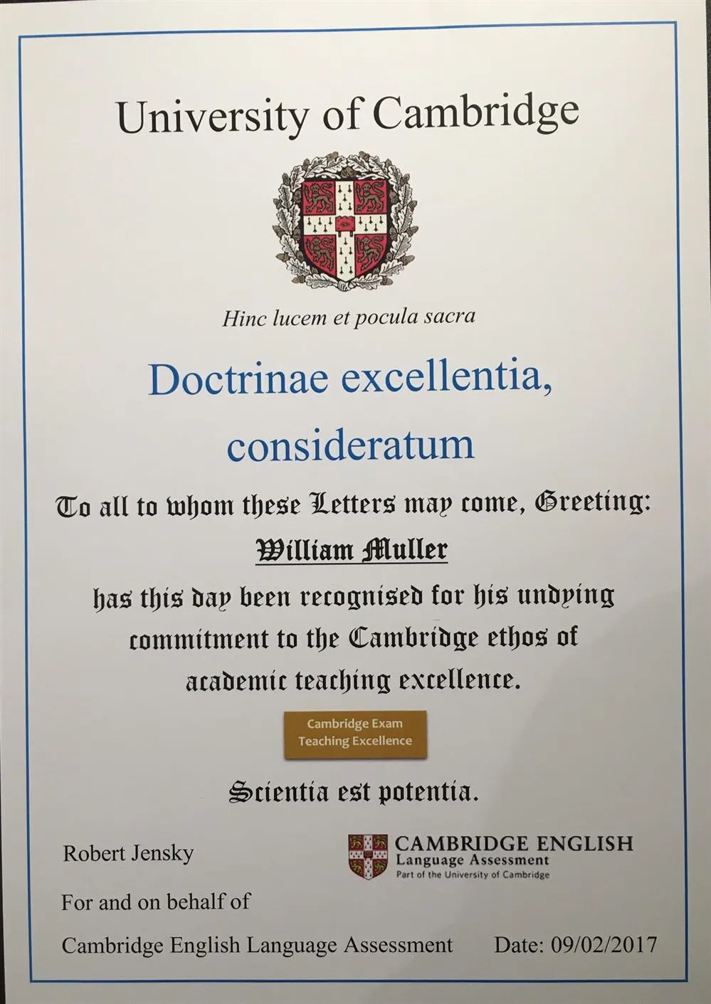 Cambridge Certificate of Excellence
