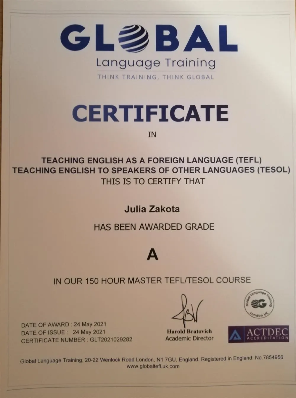 Сертификат TEFL/TESOL. 2021 г.