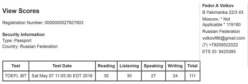 Сертификат TOEFL IBT