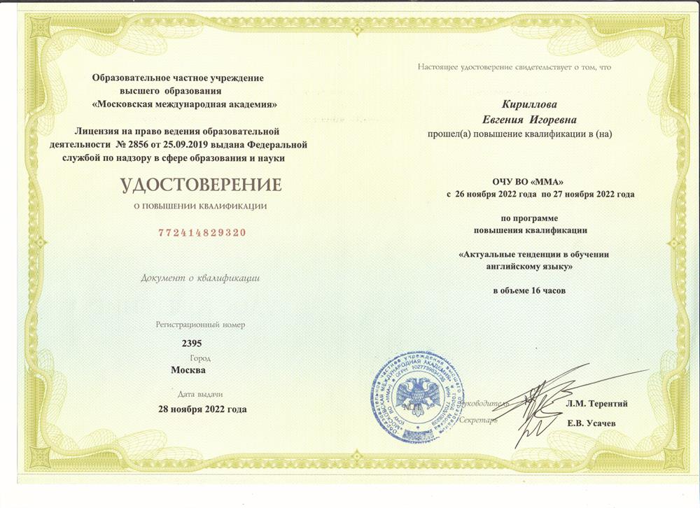 Удостоверение. Повышение квалификации, 2022 год