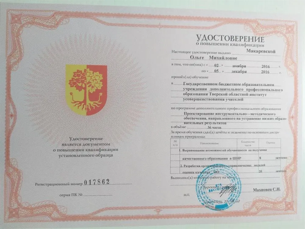 Удостоверение о повышении квалификации
