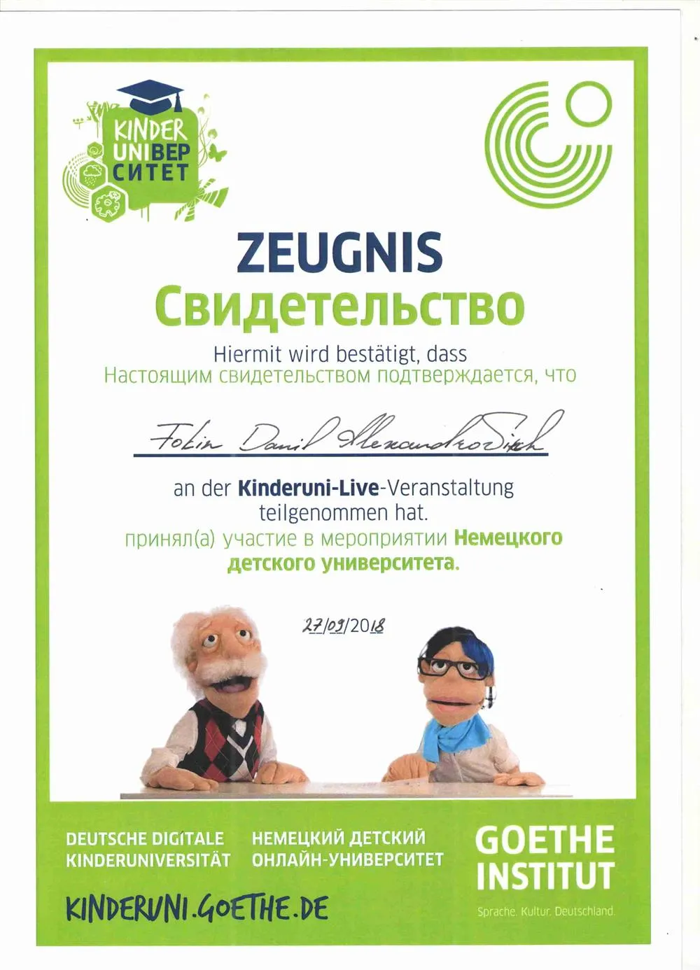 Сертификат участника детский университет (Гете-Институт, г. Спб)
