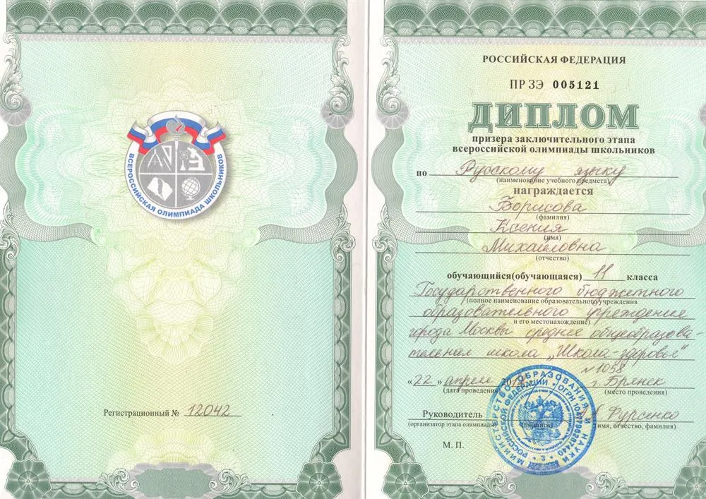 В 2012 году я стала призёром заключительного этапа Всероссийской олимпиады школьников по русскому языку