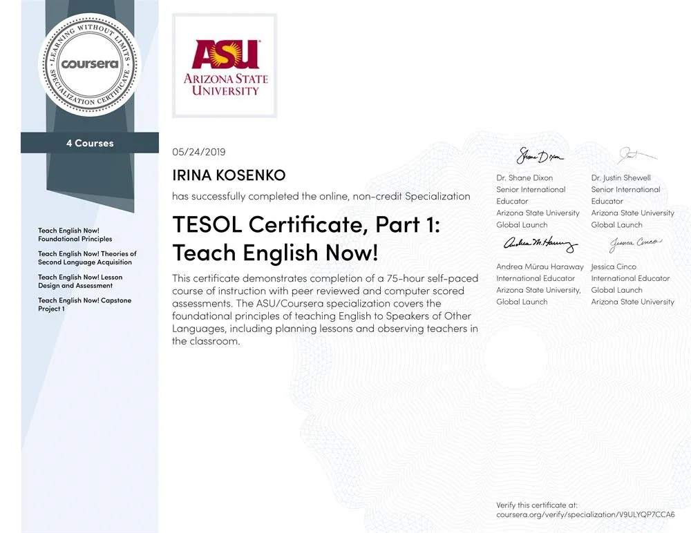 Свидетельство о прохождении первой специализации курса TESOL (международный сертификат, подтверждающий знания методики преподавания английского языка не носителям)