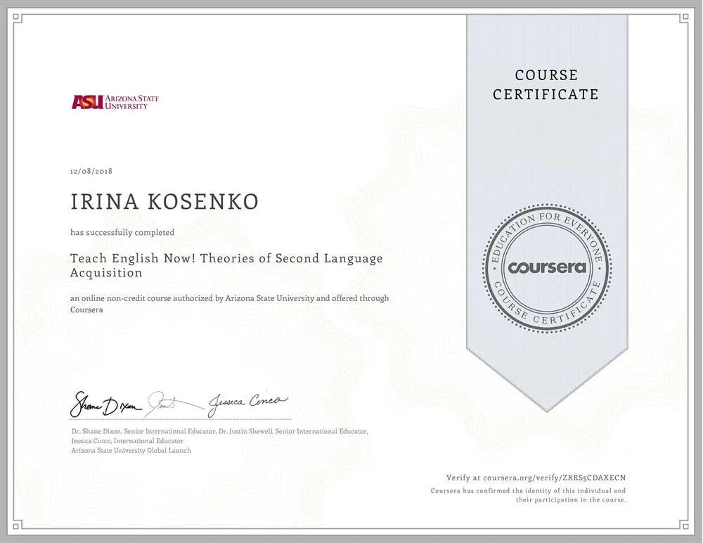 Сертификат. TESOL: Теории овладевания иностранным языком