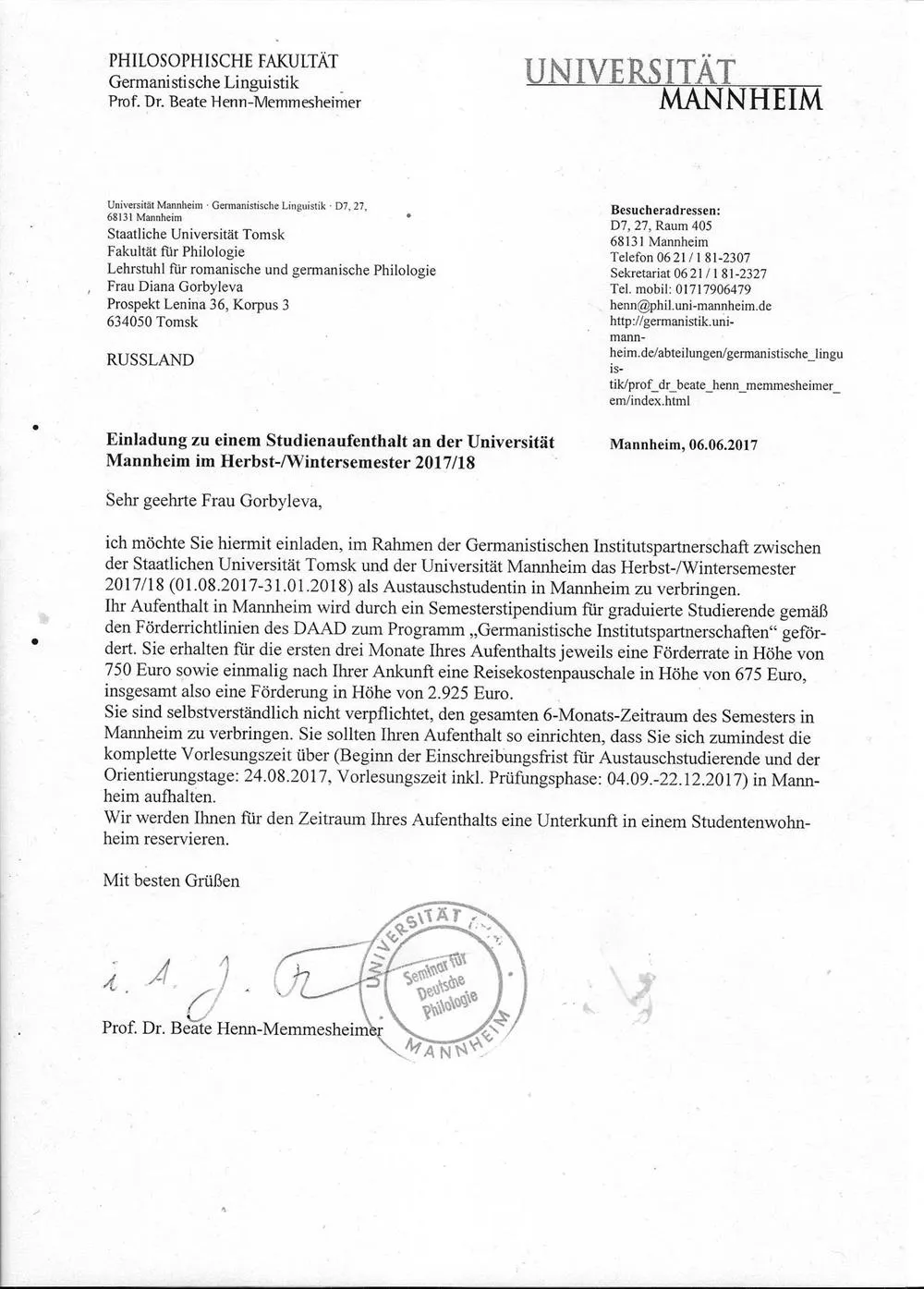 Свидетельство о поступлении в Мангейский университет 