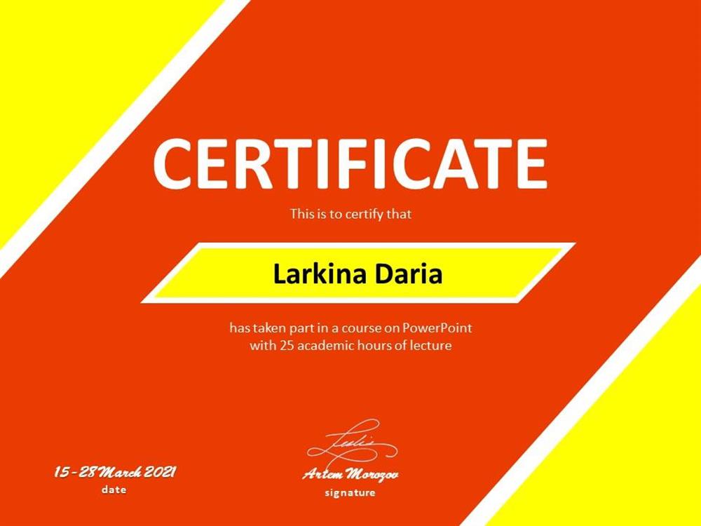 Certificate for a course on PowerPoint 