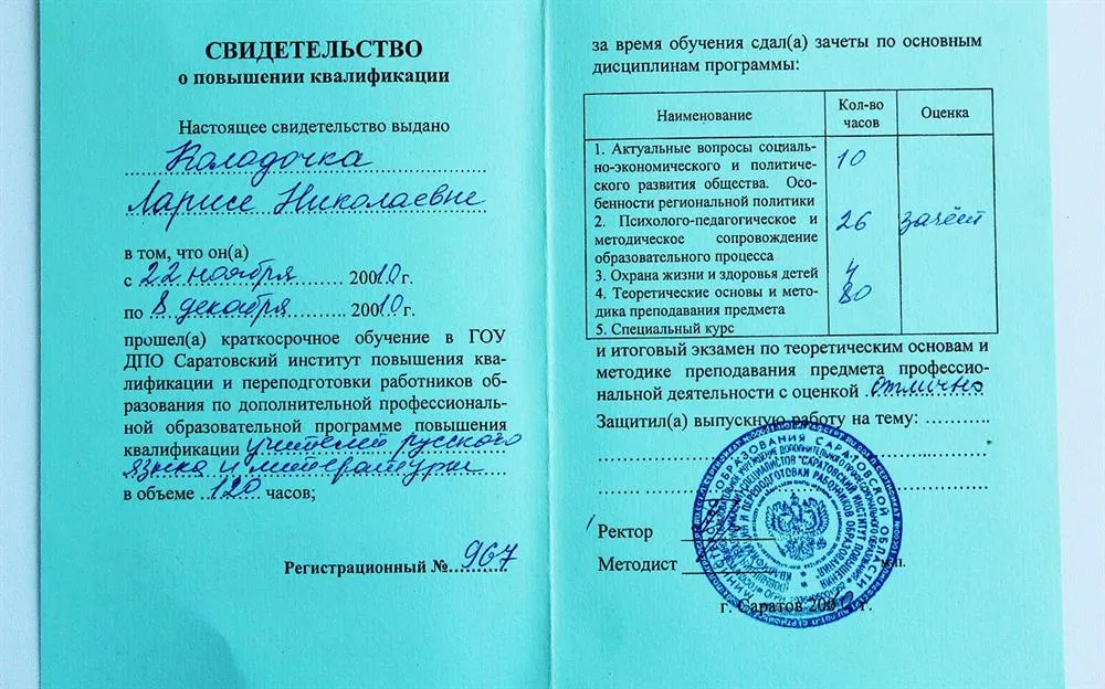 Свидетельство о повышении квалификации