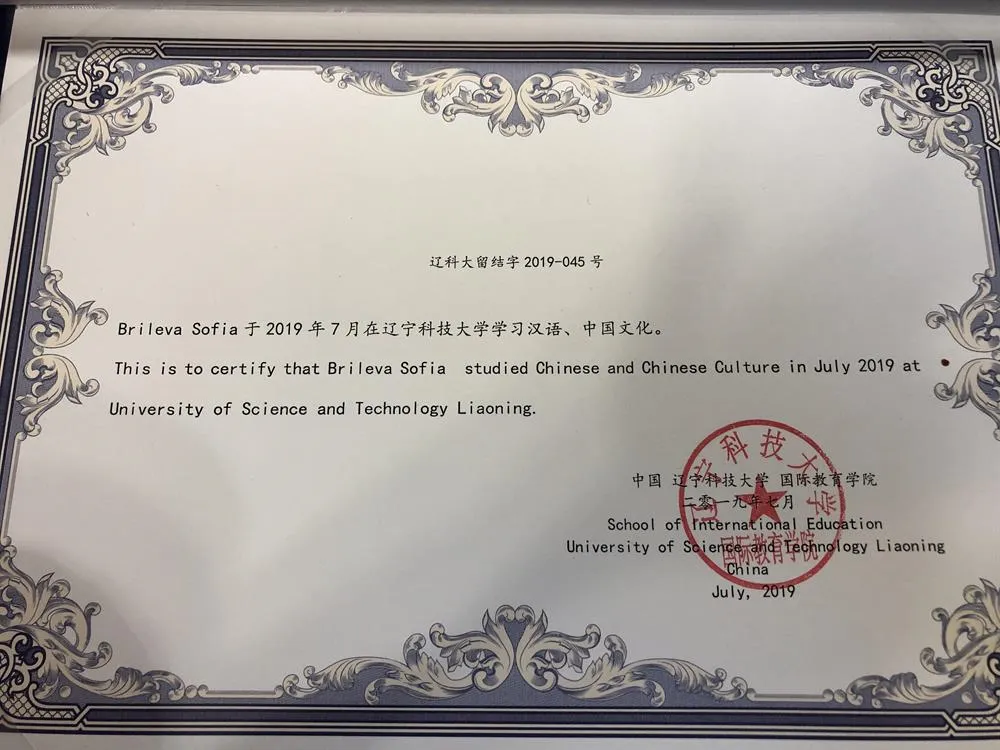 University of Science and Technology Liaoning. Certificate. 2019 г.