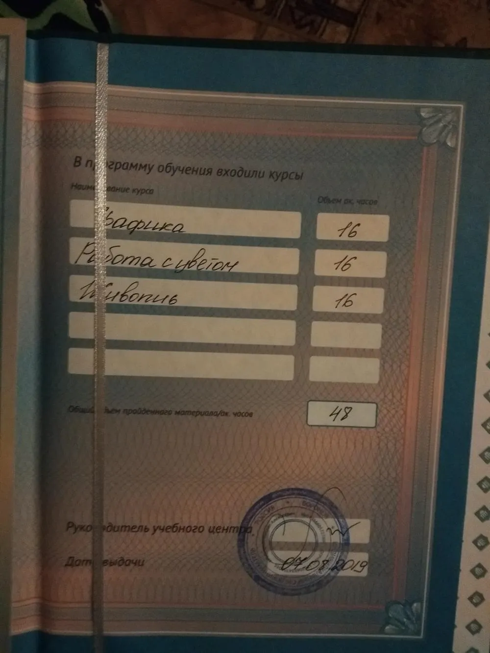 диплом об окончании программы обучения "рисование"