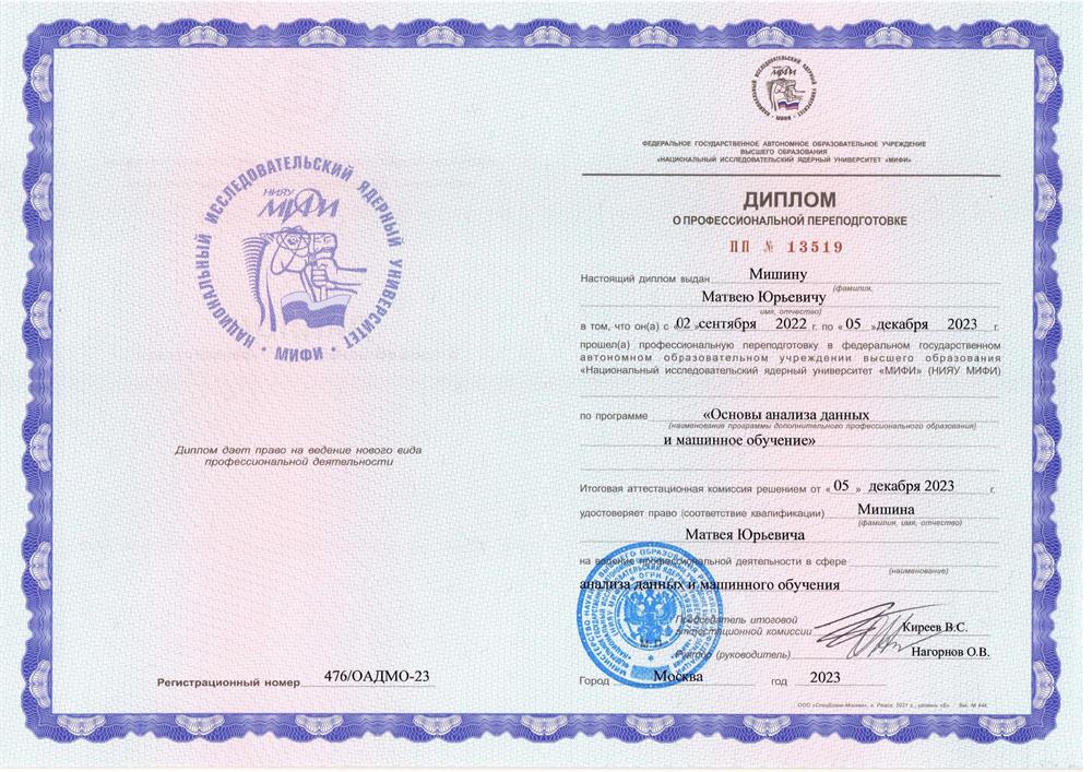 Диплом о профессиональной переподготовке НИЯУ МИФИ "Основы анализа данных и машинного обучения"