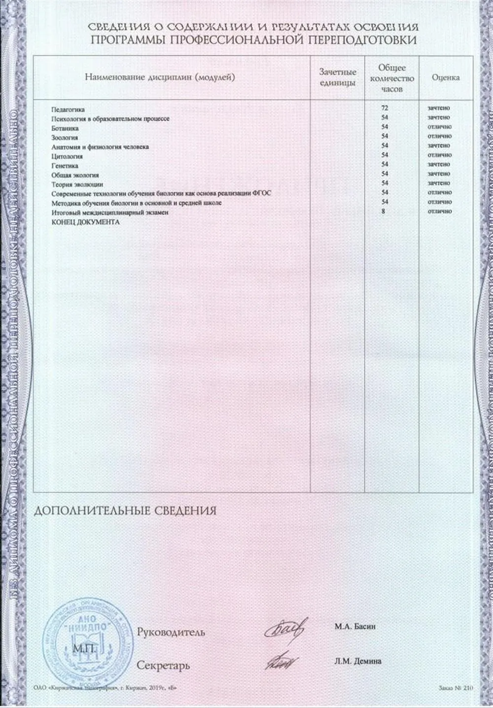 Приложение к диплому учителя биологии