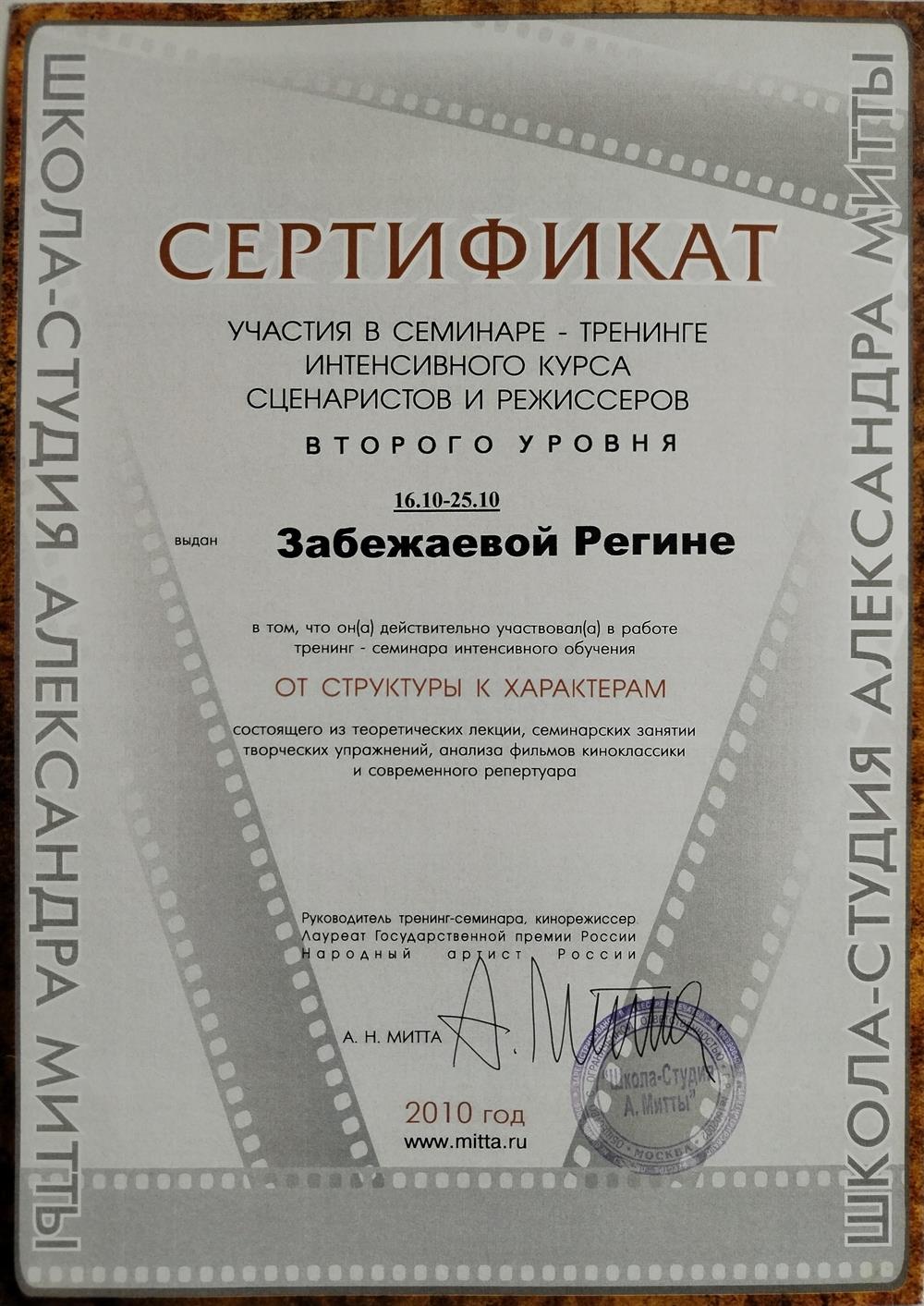 Сертификат. Дополнительное образование. Школа-студия Александра Митты