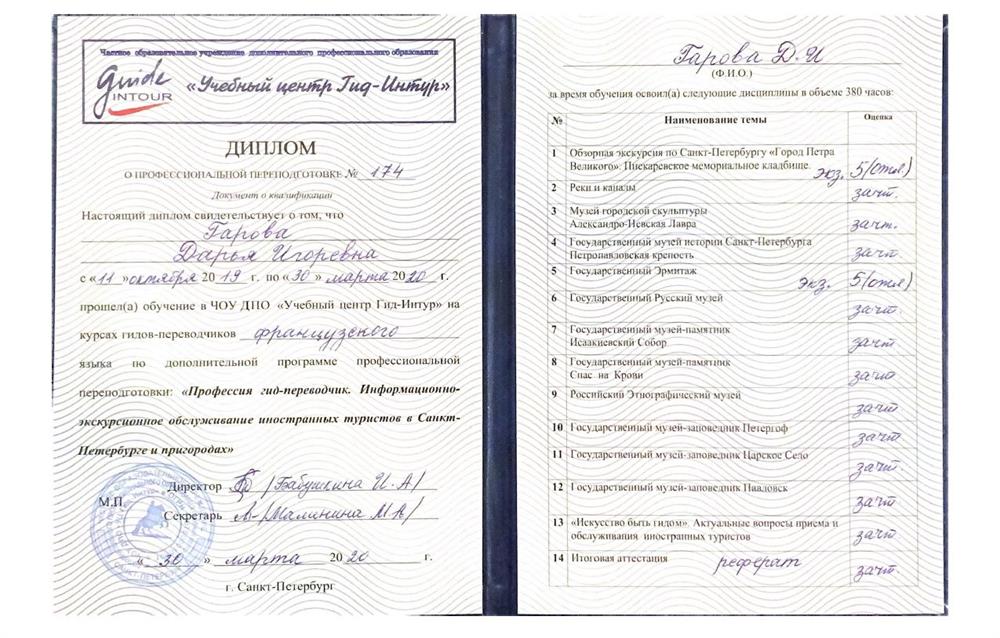 Диплом о профессиональной переподготовке Гид-Интур