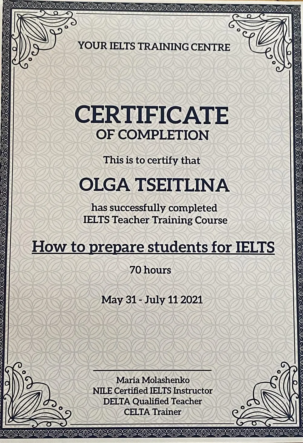 IELTS course certificate